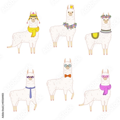 A collection of cute llamas with accessories - glasses, scarves, hats and flowers. Vector illustration in cartoon style isolated on white background