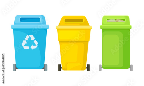 Plastic containers for garbage sorting set. Wastebaskets for household waste vector illustration