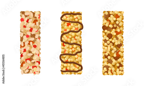 Various vector granola bars with puffed rice and sunflowers seeds set. Healthy, energy, protein bars vector illustration
