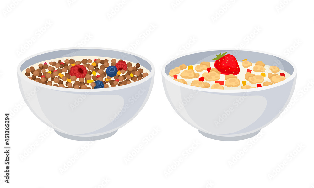Granola in bowls set. Muesli with raspberry and blueberry in bowl with milk or yogurt vector illustration Granola in bowls set. Muesli with raspberry and blueberry in bowl with milk or yogurt vector illustration