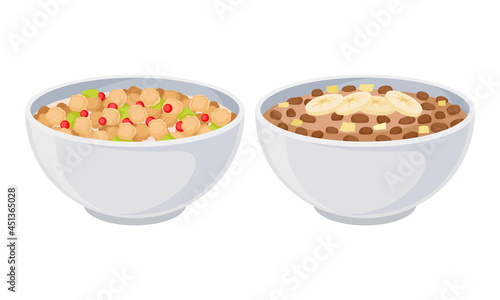 Granola in bowls set. Muesli with fruits and berries in bowl with milk or yogurt vector illustration