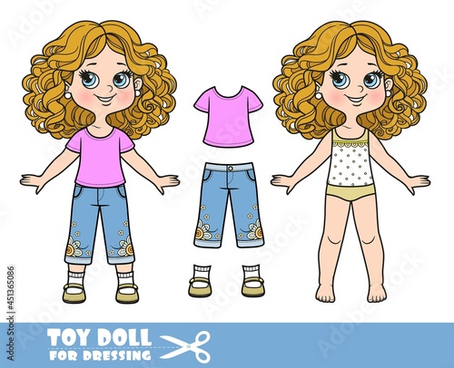Cartoon girl with curle haired in underwear, dressed and clothes separately - T-shirt, breeches and sandals doll for dressing