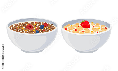 Granola in bowls set. Muesli with raspberry and blueberry in bowl with milk or yogurt vector illustration