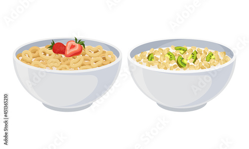 Granola in ceramic bowls set. Muesli with fruits and berries in bowl with milk vector illustration
