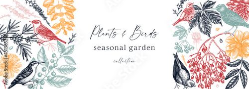 Hand sketched autumn banner design in color. Trendy botanical template with autumn leaves, berries, flowers and bird sketches. Perfect for elegant invitation, cards, flyers, menu, label, packaging.