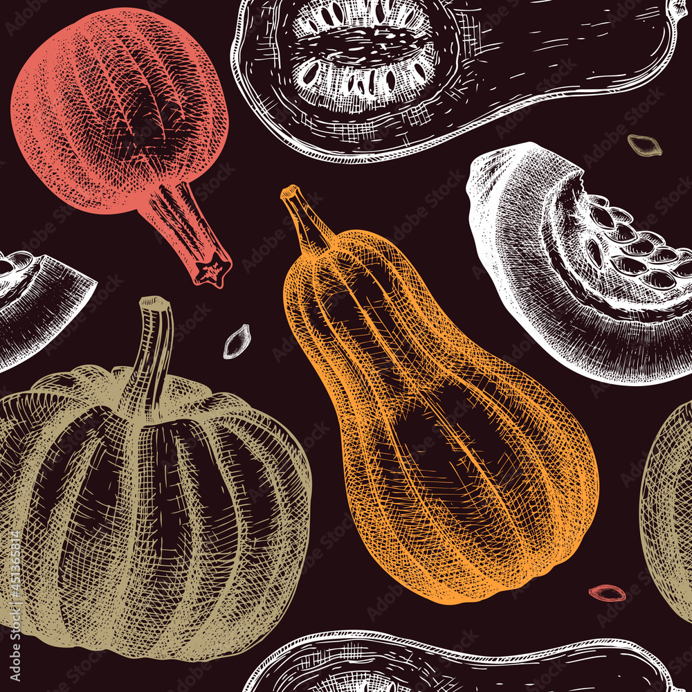 Seamless pattern with hand drawn Pumpkins. Thanksgiving design illustration. Autumn Harvest festival background with vector vegetables, pumpkin slice and seeds sketches. - obrazy, fototapety, plakaty 