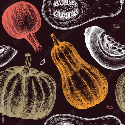 Seamless pattern with hand drawn Pumpkins. Thanksgiving design illustration. Autumn Harvest festival background with vector vegetables, pumpkin slice and seeds sketches.