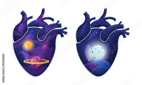 Space, planets and moon inside human hearts set vector illustration
