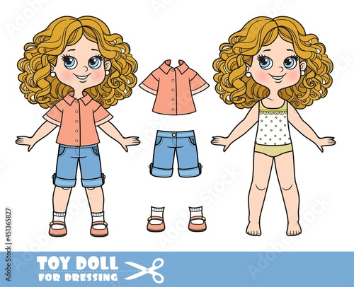 Cartoon girl with curle haired in underwear, dressed and clothes separately -  shirt, denim blue shorts and sandals doll for dressing