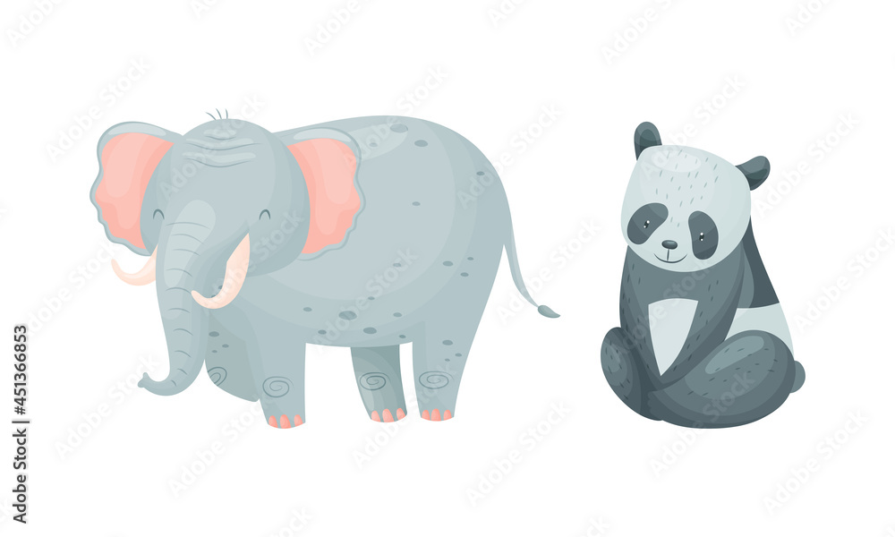 Cute exotic animals set. Elephant and panda bear cartoon vector illustration Cute exotic animals set. Elephant and panda bear cartoon vector illustration