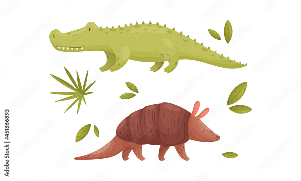 Fototapeta premium Cute exotic animals set. Crocodile and armadillo cartoon vector illustration