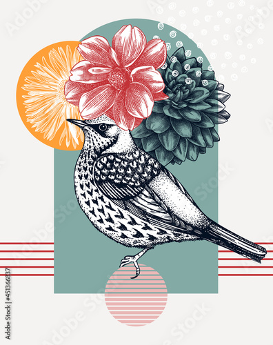 Hand-sketched Fieldfare vector illustration. Perching bird with autumn flowers. Collage style illustration with florals, geometric shapes, and abstract elements. 