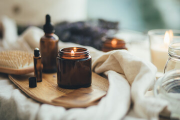 Foto auf Acrylglas Massagesalon Natural organic oil and bottles with herbal cosmetics. Home spa and beauty rituals.  © polinaloves
