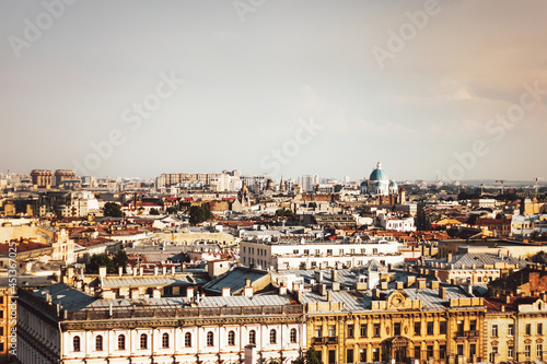 Saint Petersburg city view from above. View from the colonnade of St. Isaac's Cathedral in St. Petersburg. Panorama of St. Petersburg.