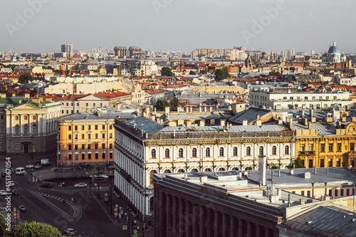 Saint Petersburg city view from above. View from the colonnade of St. Isaac's Cathedral in St. Petersburg. Panorama of St. Petersburg.