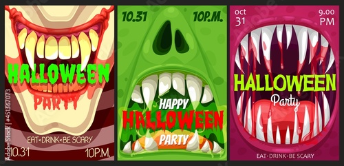 Halloween party vector flyers with monster mouths. Happy Halloween horror night event invitation posters with open toothy jaws with sharp teeth, dripping saliva, blood and tongues, cartoon cards set