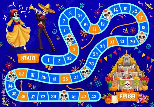 Kids board game. Dia De Los Muertos holiday celebrating human skeletons, dancing woman and mariachi musician in sombrero, commemorating deceased people ofrenda altar