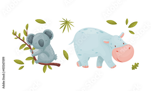 Cute exotic animals set. Koala and hippopotamus cartoon vector illustration
