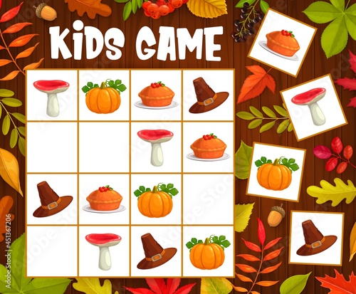 Kids sudoku game with thanksgiving and autumn objects. Vector riddle with cartoon mushroom, hat, pumpkin and pie on chequered field of board game. Educational task, children crossword teaser boardgame