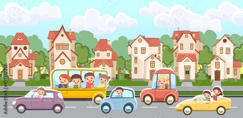 Street traffic. Cartoon childrens illustration. Children on vacation. Town summer landscape with suburban road. Automotive tourism. Travel children. Fun and happy. Vector © Ирина Мордвинкина
