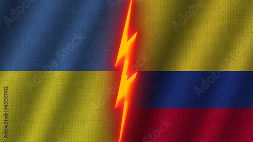 Colombia and Ukraine Flags Together  Wavy Fabric Texture Effect  Neon Glow Effect  Shining Thunder Icon  Crisis Concept  3D Illustration
