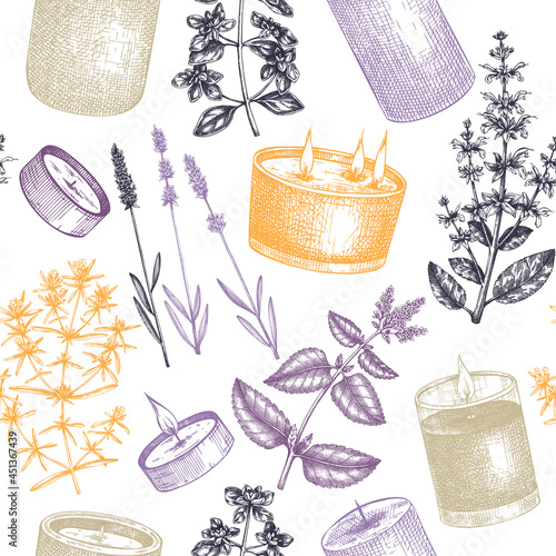 Hand-made candles seamless pattern. Hand-sketched aromatic and medicinal herbs background. Perfect for cosmetics, perfumery, candle making, label, packaging. Soap making  backdrop.