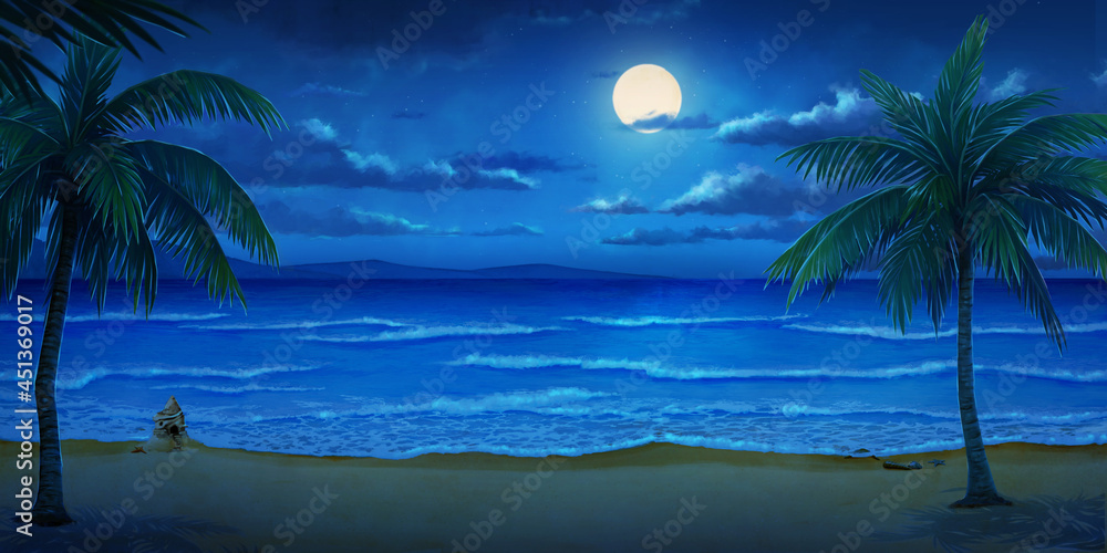 Sea - Night, Anime background, 2D Illustration.