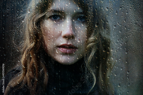 Photo seasonal autumn pornetret, sad girl behind wet glass, raindrops background