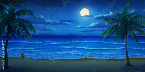 Fototapeta Naklejka Na Ścianę i Meble -  Sea - Night, Anime background, 2D Illustration.
