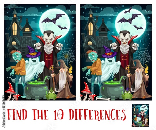 Child spot differences game with Halloween monsters. Kids find details exercise, children playing activity or riddle. Dracula vampire, zombie and ghost, sorcerer or wizard cartoon vector characters