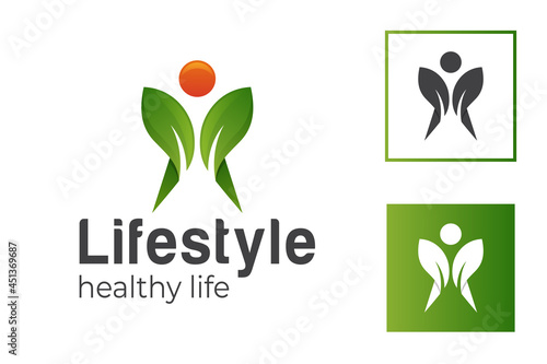 human people with green leaves or plant organic lifestyle for healthy life diet logo template