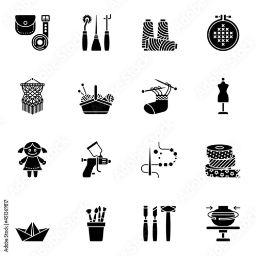 Craft work, Crafting handmade black solid icons set 1 on white background.