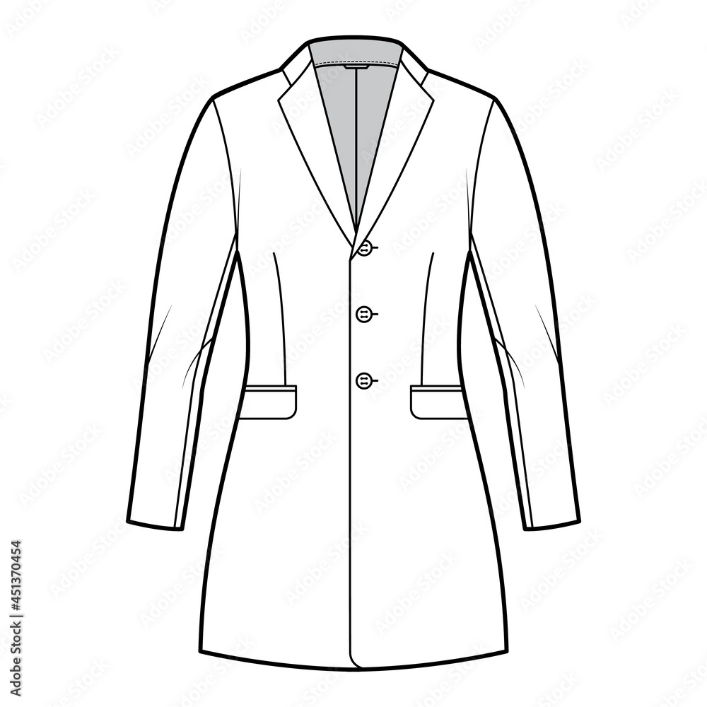 Jacket fitted Blazer structured suit technical fashion illustration with single breasted, long sleeves, flap pockets, fingertip length. Flat coat template front, white color style. Women, men CAD Jacket fitted Blazer structured suit technical fashion illustration with single breasted, long sleeves, flap pockets, fingertip length. Flat coat template front, white color style. Women, men CAD