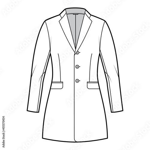 Jacket fitted Blazer structured suit technical fashion illustration with single breasted, long sleeves, flap pockets, fingertip length. Flat coat template front, white color style. Women, men CAD