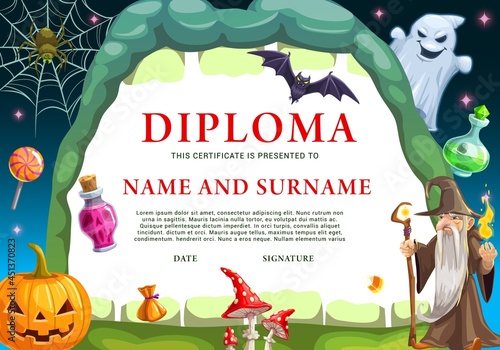 Child Halloween diploma template with monsters. Wizard and ghost, pumpkin lantern, bat and spider on web, magic potion cartoon vector. Kids kindergarten diploma, graduation celebration invitation