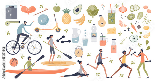 Healthy lifestyle with daily fitness workout and fruit with vegetables diet habits tiny person collection set. Items with good shape or sports activities for wellness and body care vector illustration