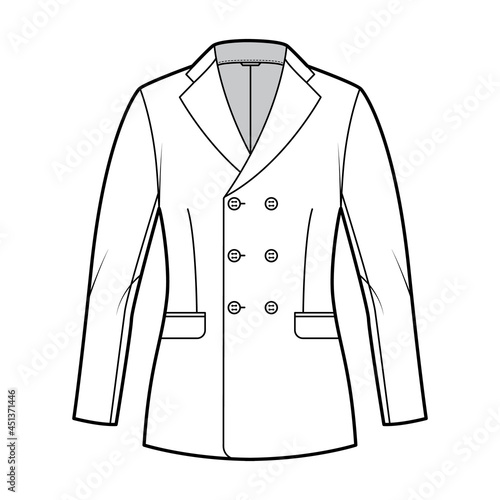 Fitted jacket suit technical fashion illustration with double breasted, notched lapel collar, flap pockets, hip length. Flat Blazer coat template front, white color. Women, men unisex CAD mockup