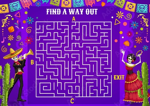 Labyrinth maze with mexican characters. Puzzle game with finding path. Mexican Dia De Los Muertos mariachi musician and dancing skeletons, Day of Dead papel picado flags