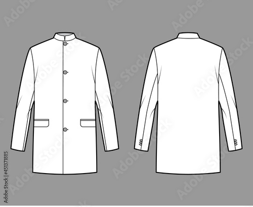 Nehru jacket technical fashion illustration with oversized, stand collar, flap pockets, oversized, long sleeves. Flat coat apparel template front, back, white color style. Women, men unisex CAD mockup