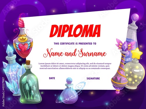 Kids education diploma with magic potions. Child school contest winning award, children achievement diploma vector template with cartoon elixirs bottles, love, death and freeze magic spells potions