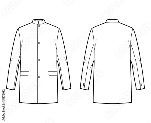 Nehru jacket technical fashion illustration with oversized, stand collar, flap pockets, oversized, long sleeves. Flat coat apparel template front, back, white color style. Women, men unisex CAD mockup