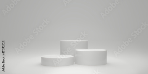 Blank white gradient background with circle product display platform. Empty studio with podium pedestal on a white backdrop. 3D rendering