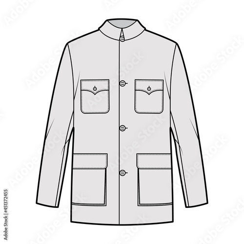 Mao jacket technical fashion illustration with oversized, classic collar, flap pockets, long sleeves, button closure. Flat coat apparel template front, grey color style. Women, men, unisex CAD mockup