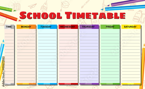 Timetable for school college weekly, hand drawn sketch icons of school supplies, pencils. Vector template schedule, cartoon style