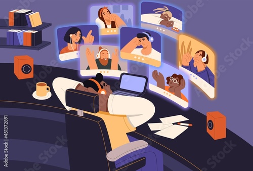 People chatting at online conference video call. Man meeting and talking with international friends on virtual computer screens through internet. Flat vector illustration of digital group videocall