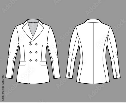 Fitted jacket suit technical fashion illustration with double breasted, notched lapel collar, flap pockets, hip length. Flat Blazer coat template front, back, white color. Women, men unisex CAD mockup