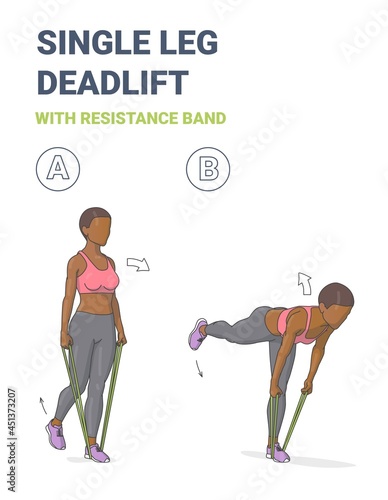 African American Girl Doing Single Leg Deadlift Home Workout Exercise with Resistance Band Guidance.