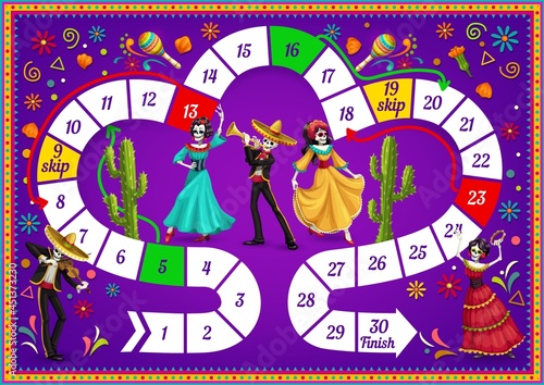 Board game with Dia de los Muertos characters. Vector kids dice game, puzzle or maze, labyrinth template with numbered steps and arrows, Mexican Halloween holiday skulls, calavera Catrina, skeletons