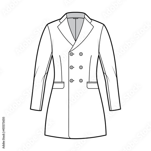 Fitted jacket double breasted suit technical fashion illustration with long sleeves, notched lapel collar, flap pockets, fingertip length. Flat Blazer coat template front, white color. Women, men CAD