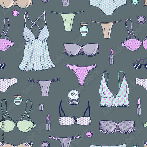 Women's underwear, bras, panties, bikinis. Seamless pattern. Fashion vector illustration. Set.